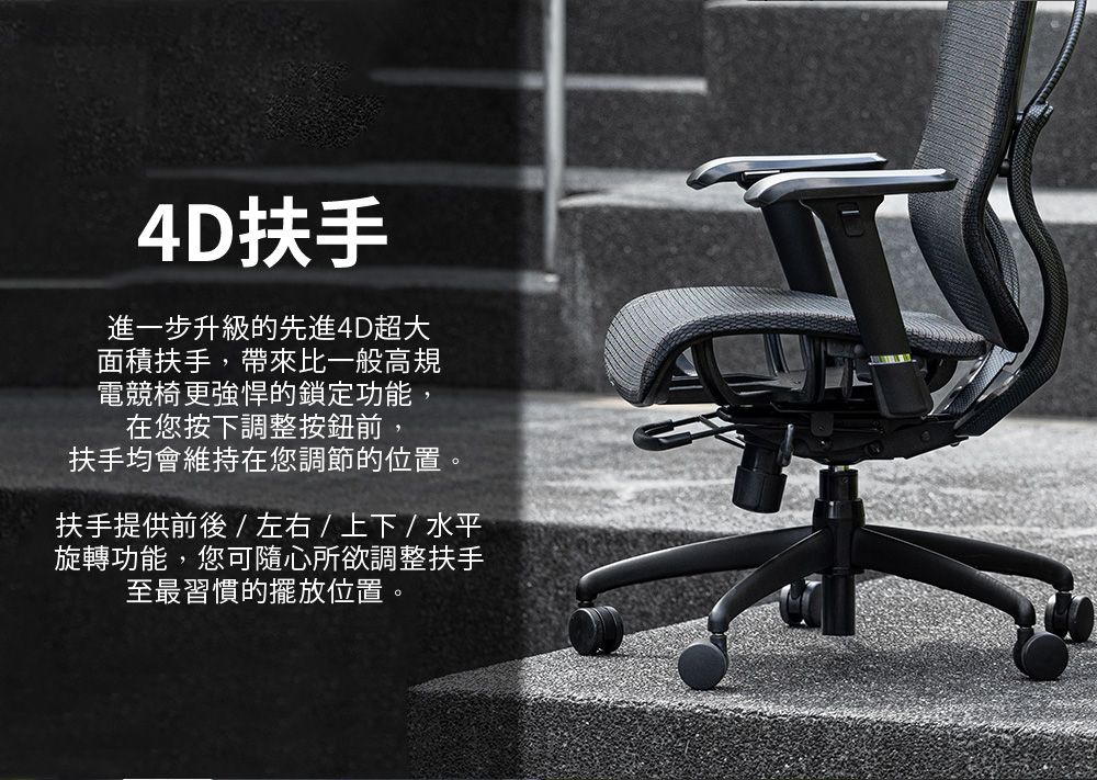 4D扶手進一步升級的先進4D超大面積扶手帶來比一般高規電競椅更強悍的鎖定功能,在您按下調整按鈕前,扶手均會維持在您調節的位置,扶手提供前後/左右/上下/ 水平旋轉功能,您可隨心所欲調整扶手至最習慣的擺放位置。