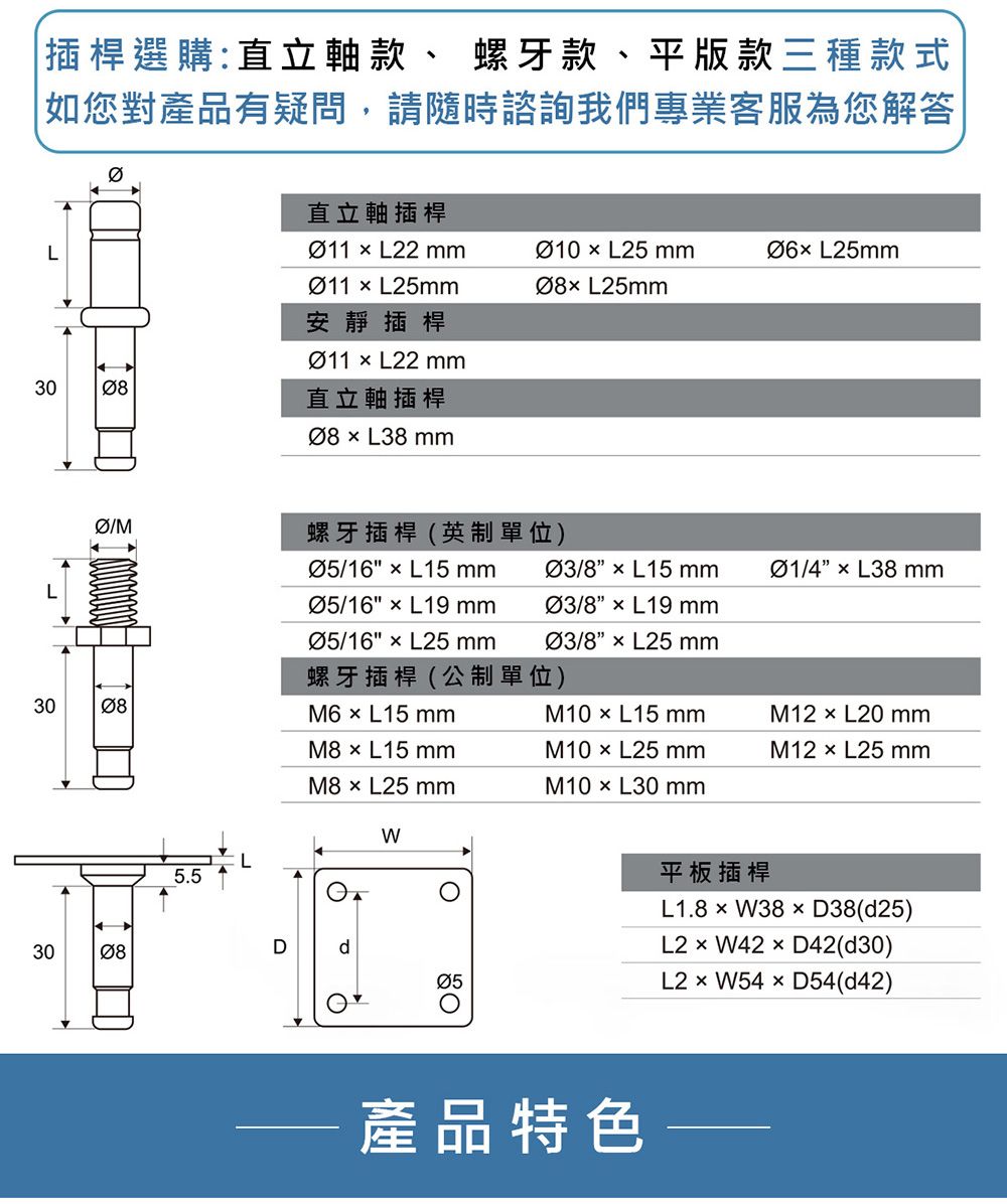 3|插桿選購:直立款、 螺牙款、平版款三種款式|如您對產品有疑問,請隨時諮詢我們專業客服為您解答|0直立軸插桿11  L22 Ø10  L25 Ø6 L25Ø11  L25Ø8 L25安靜插桿Ø11  L22 mm3008直立軸插桿Ø8 L38mmØ/M螺牙插桿(英制單位)Ø5/16  L15 mmØ3/8 L15mmØ1/4 L38mmØ5/16  L19 mmØ3/8”  L19 mmØ5/16  L25 mm  L25 mm螺牙插桿(公制單位)3008M6  L15 mmM10  L15 mmM12 × L mmM8 × L15 mmM10 × L25 mmM12 × L25 mmM8× L25 mmM10×L30 mm085.5WDd2005平板插桿L1.8 × W38 × D38(d25)L2 × W42 × D42(d30)L2 × W54×D54(d42)產品特色