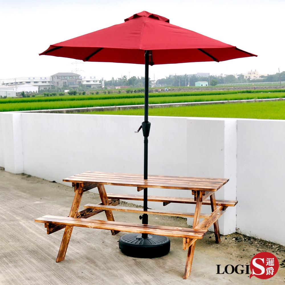 LOGIS 邏爵  四尺原木庭園桌椅+傘組 啤酒桌 戶外桌椅 烤肉桌 BBQ 露營桌【12BEER+U】