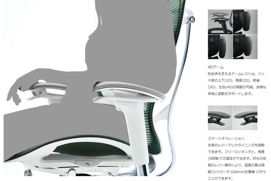 4Dアーム全体を支えるアームレストはパッド部の上下(1D) 角度 (2D)、 前後(3D)、左右 (4D)の調節が可能。 多様な体格と姿勢をサポートします。スマートオペレーション左側のレバーでリクライニングを調節できます。 フリーロッキングと、角度(5段階)での固定ができます。 好みの右側のレバー操作により、 座面の高さ調節 (ストローク:100mm) を簡単に行うことができます。