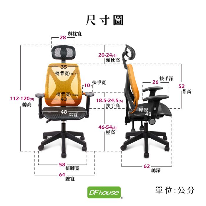 35頭枕寬尺寸圖20-24 4頭枕高椅背寬min10-扶手寬椅背寬max112-120)4315-24.5)(總高 扶手高48座寬58.64椅腳寬46-54(8)座高座深4862扶手深2652總深背高總寬DF house單位:公分