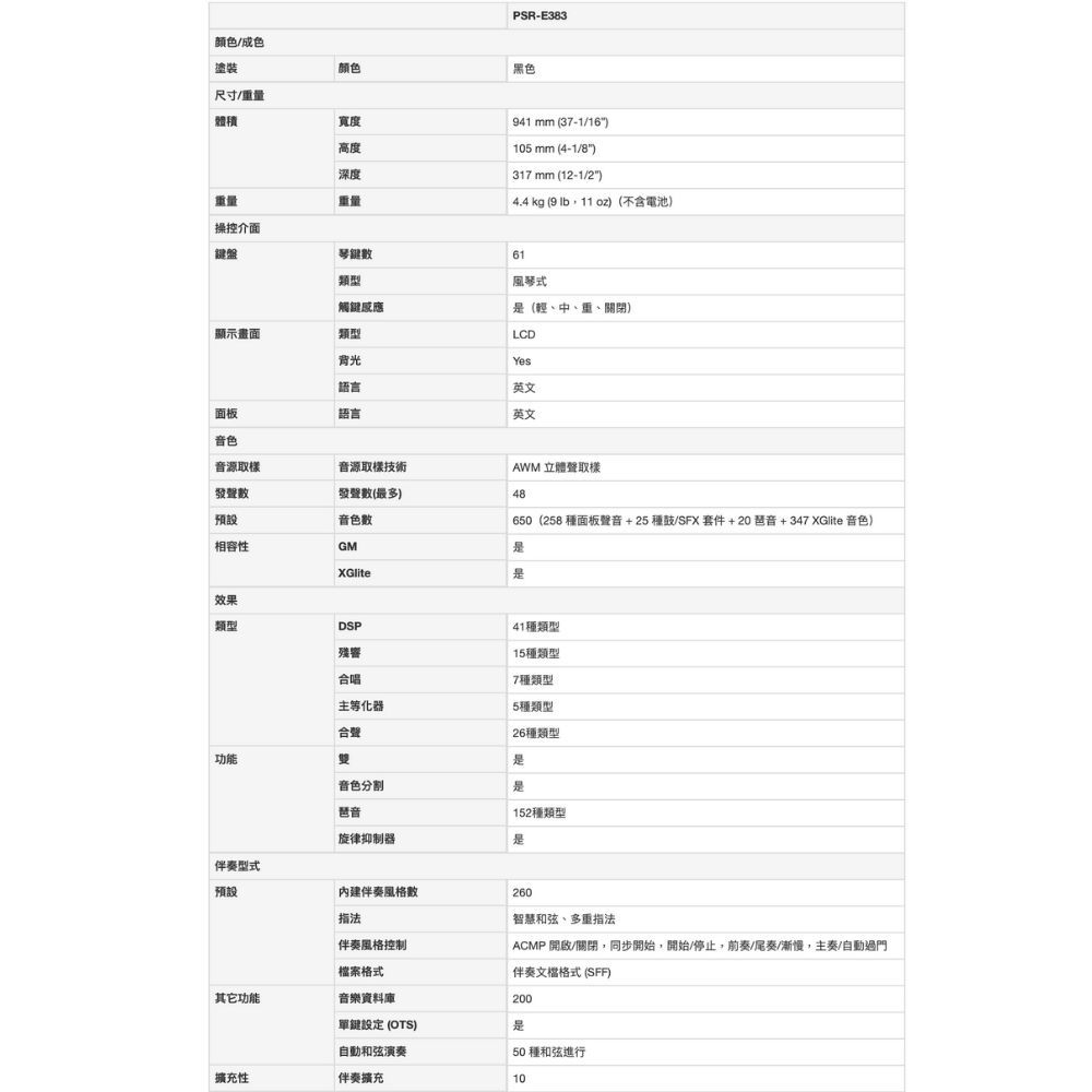 颜色/成色塗裝颜色尺寸/重量體積寬度PSR-E383黑色高度941 mm (37-1/16)105 mm (4-1/8)深度317 mm (12-1/2)重量重量4.4 kg (9 11 oz)(不含電池)操控介面鍵盤琴鍵數類型風琴式觸鍵感應(輕、中、重、關閉)顯示畫面類型LCD背光Yes語言英文面板語言英文音色音源音源取樣技術AWM 立體聲取樣發聲數發聲數(最多)48預設音色数相容性GM650(258 種面板聲音+25種鼓/SFX套件+20琶音+347 XGlite 音色)XGlite效果類型DSP41種類型殘響15種類型合唱合聲功能主等化器7種類型5種類型26種類型音色分割琶音152種類型旋律抑制器伴奏型式預設內建伴奏風格數260伴奏風格控制檔案格式其它功能音樂資料庫200單鍵設定(OTS)是自動和弦演奏擴充性伴奏擴充50 種和弦進行10智慧和弦、多重指法ACMP 開啟/關閉,同步開始,開始/停止,前奏/尾奏/漸,主奏/自動過門伴奏文檔格式(SFF)