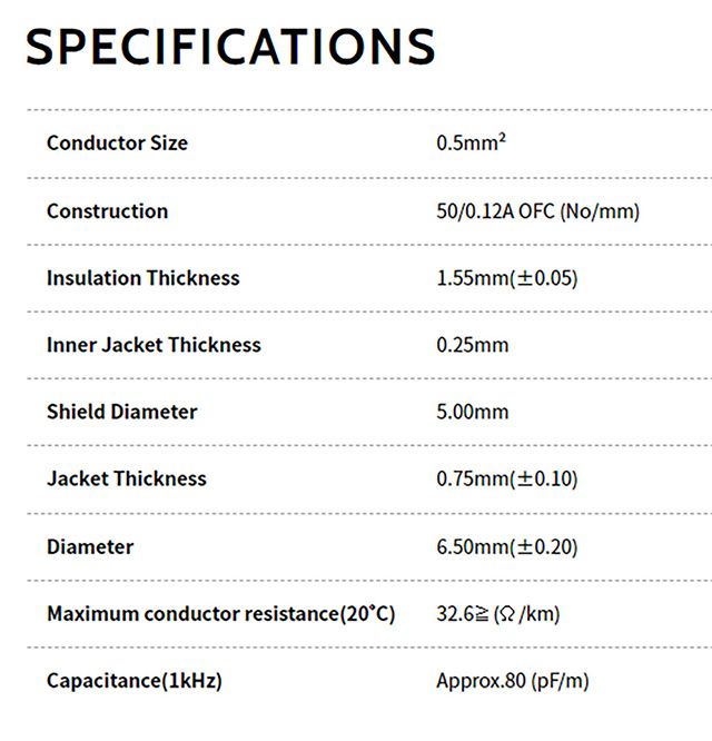 SPEIFICATIONSConductor SizeConstructionInsulation Thickness500.1A OFC No/mm)1.55mm0.05)Inner Jacket Thickness0.25mmShield DiameterJacket ThicknessDiameterMaximum conductor resistance 20C)Capacitance1kHz)5.00mm0.75mm(0.10)6.50mm(0.20) (2/)Approx.80 (pF/m)