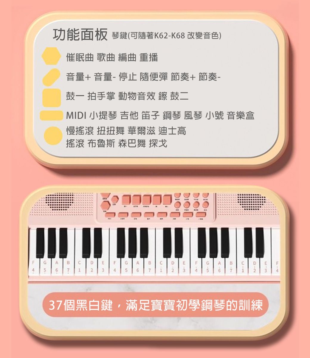 功能面板 琴鍵(可隨著K62-K68 改變音色)催眠曲 歌曲 編曲 重播音量+音量-停止 隨便彈 節奏+節奏- 拍手掌 動物音效  鼓二MII 小提琴 吉他 笛子 鋼琴 風琴 小號 音樂盒慢搖滾 扭扭舞 華爾滋 迪士高搖滾 布魯斯 森巴舞 探戈GABD E F GABDAB DE46 2 3 46 7 13467  237個黑白鍵滿足寶寶初學鋼琴的訓練