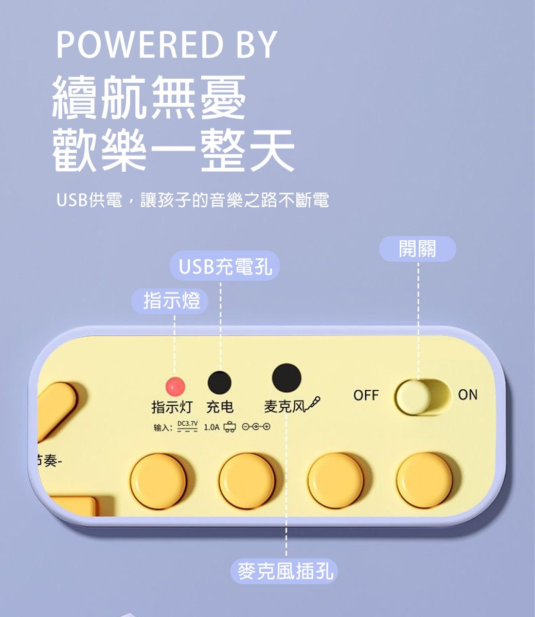 POWERED BY續航無憂歡樂一整天USB供電,讓孩子的音樂之路不斷電USB充電孔指示燈開關指示灯充电 麦克风OFFONDC3.7V输入: 麥克風插孔