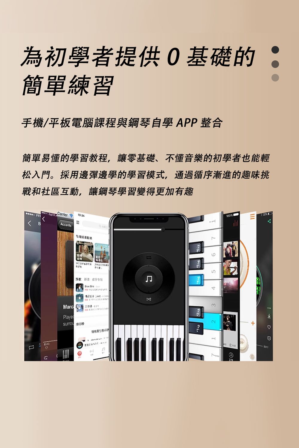 為初學者提供基礎的簡單練習手機/平板電腦課程與鋼琴自學 APP 整合簡單易懂的學習教程,讓零基礎、不懂音樂的初學者也能輕松入門。採用邊彈邊學的學習模式,通過循序漸進的趣味挑戰和社區互動,讓鋼琴學習變得更加有趣B Carrier AccentsMarc Playe 22%♡