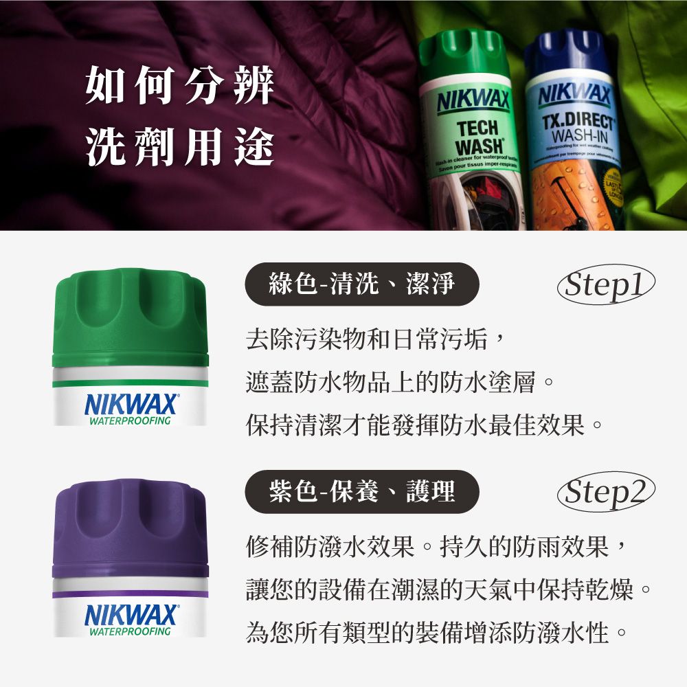 如何分辨洗劑用途NIKWAX NIKWAXX.DIRECTTWASHIN TTECHWASH caner for  leSavon pour tissus -綠色-清洗、潔淨去除污染物和日常污垢,遮蓋防水物品上的防水塗層。NIKWAX®WATERPROOFING保持清潔才能發揮防水最佳效果。紫色-保養、護理Step2修補防潑水效果。持久的防雨效果,讓您的設備在潮濕的天氣中保持乾燥。NIKWAX®WATERPROOFING為您所有類型的裝備增添防潑水性。