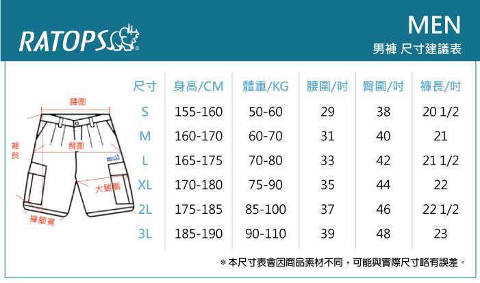 MENRATOP男褲 尺寸建議表尺寸 身高/CM體重/KG腰/吋 臀圍/吋 褲長/吋腰圍S155-16050-60293820 1/2Σ160-17060-70314021L 165-17570-80334221 1/2圍XL 170-18075-903544222L175-18585-100374622 1/23L185-19090-110394823*本尺寸表會因商品素材不同,可能與實際尺寸略有誤差。
