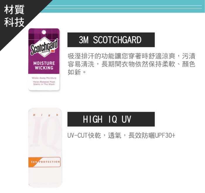 材質科技3M SCOTCHGARDMOISTUREWICKING吸溼排汗的功能讓您穿著時舒適涼爽,污漬容易清洗,長期間衣物依然保持柔軟、顏色如新。Wicks Away  Release Most  The WashSUN PROTECTIONHIGH IQ UVUV-CUT快乾,透氣,長效防曬UPF30+