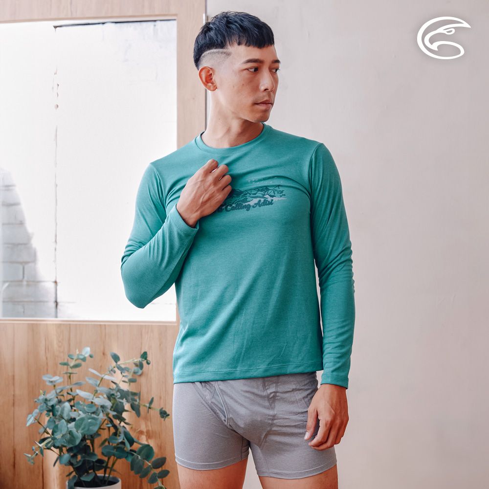 ADISI  男圓領抗靜電紗透氣快乾圖騰長袖上衣AL2321041(S-XL)雙色海青保暖 吸濕 速乾 輕量 柔軟