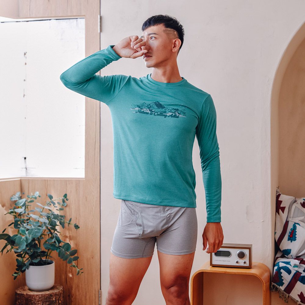 ADISI  男圓領抗靜電紗透氣快乾圖騰長袖上衣AL2321041(S-XL)雙色海青保暖 吸濕 速乾 輕量 柔軟