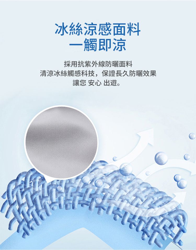 冰絲涼感面料一觸即涼採用抗紫外線防曬面料清涼冰絲觸感科技,保證長久防曬效果讓您安心 出遊。સસ