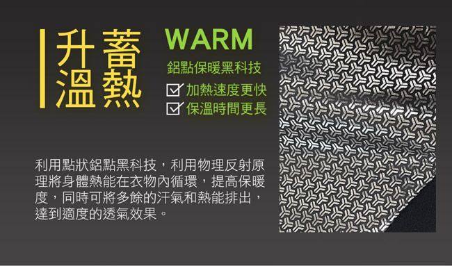 升 WARM溫熱鋁點保暖黑科技 加熱速度更快 保溫時間更長利用點狀鋁點黑科技,利用物理反射原理將身體熱能在衣物內循環,提高保暖度,同時可將多餘的汗氣和熱能排出,達到適度的透氣效果。