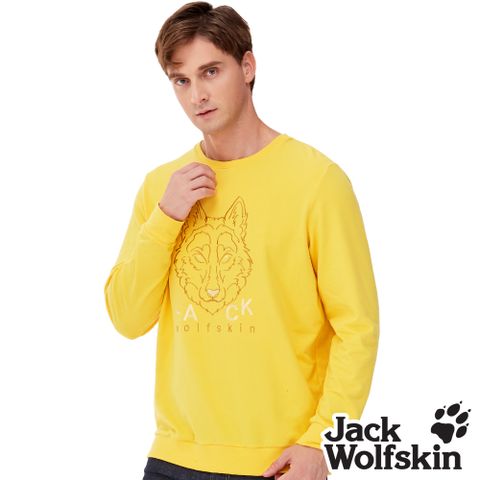 【Jack Wolfskin 飛狼 】男 長袖保暖排汗衣 帥氣刺繡狼頭T恤 大學T『黃』