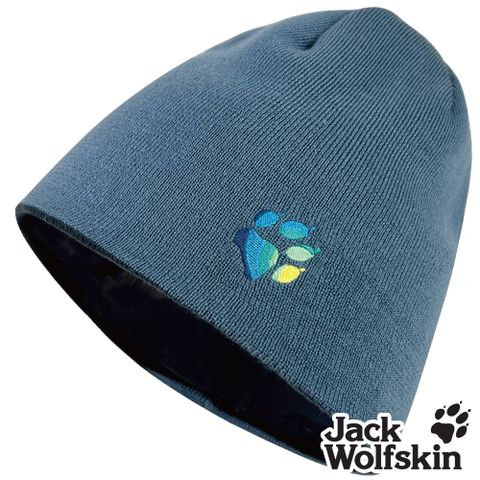 【Jack wolfskin 飛狼】小狼爪LOGO條紋針織保暖帽 雙面戴毛帽『深藍配藍』