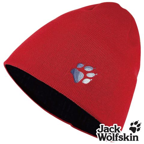 【Jack wolfskin 飛狼】小狼爪LOGO條紋針織保暖帽 雙面戴毛帽『紅配黑』