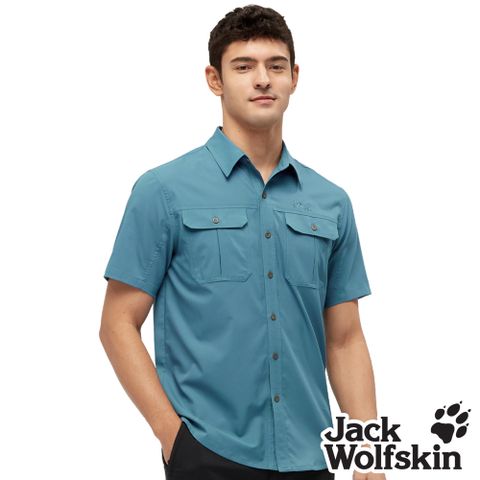 【Jack wolfskin 飛狼】男 透氣快乾沖孔拼接 短袖襯衫『鈦藍』