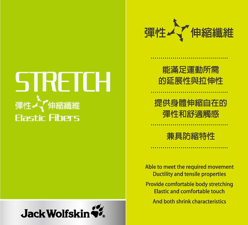 STRETCH彈性伸縮纖維Elastic Fibers彈性伸縮纖維能滿足運動所需的延展性與拉伸性提供身體伸縮自在的彈性和舒適觸感兼具防縮特性Jack WolfskinAble to meet the required movementDuctility and tensile propertiesProvide comfortable body stretchingElastic and comfortable touchAnd both shrink characteristics