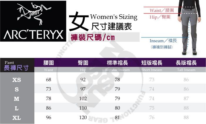 腰圍女Womens izing尺寸建議表ACTERYX R/cmHip/臀圍Inseam/長(褲襠到褲腳)臀圍標準襠長短版襠長長版襠長Regular InseamShort Inseam73Tall Inseam868674748775887688Pant腰圍長褲尺寸WaistHip6892S7397M78102L86110XL96