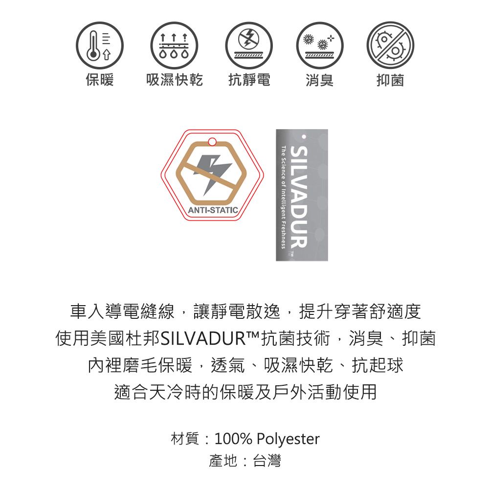 保暖吸濕快乾抗靜電消臭抑菌  ANTI-STATICThe Science of Intelligent Freshness車入導電縫線,讓靜電散逸,提升穿著舒適度使用美國杜邦SILVADURT™抗菌技術,消臭、抑菌內裡磨毛保暖,透氣、吸濕快乾、抗起球適合天冷時的保暖及戶外活動使用材質:100% Polyester產地:台灣