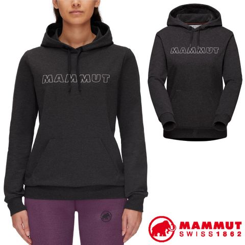 MAMMUT 長毛象 女新款 Logo ML Hoody 彈性柔軟保暖連帽長袖T恤.休閒上衣_1014-02152-0033 黑