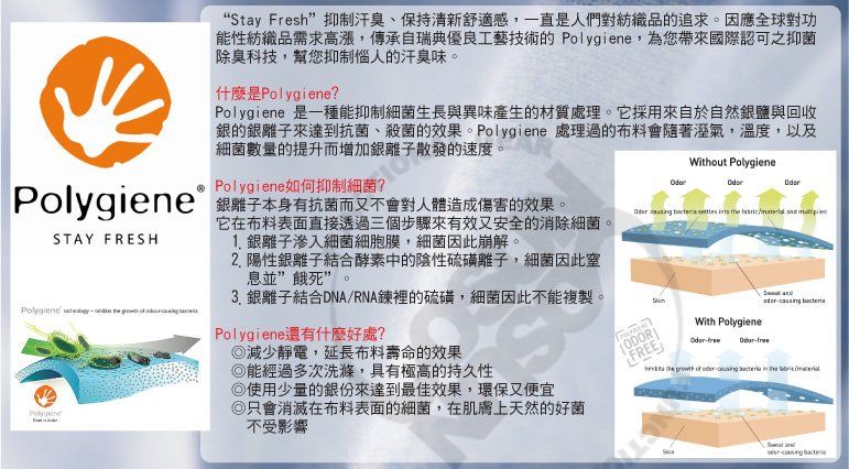 “Stay Fresh”抑制汗臭、保持清新舒適感一直是人們對紡織品的追求。因應全球對功性紡織品需求高漲,傳承自瑞典優良工藝技術的 lygiene,為您帶來國際認可之抑菌除臭科技,幫您抑制惱人的汗臭味。什麼是Polygiene?Polygiene 是一種能抑制細菌生長與異味產生的材質處理。它採用來自於自然銀鹽與回收銀的銀來達到抗菌、殺菌的效果。Polygiene 處理過的布料會隨著溼氣,溫度,以及細菌數量的提升而增加銀離子散發的速度。 Polygiene如何抑制細菌?Polygiene 離子本身有抗菌而又不會對人體造成傷害的效果。Without Polygiene      STAY FRESH它在布料表面直接透過三個步驟來有效又安全的消除細菌。1. 銀離子滲入細菌細胞膜,細菌因此崩解。2.陽性銀離子結合酵素中的陰性硫磺離子,細菌因此息並”餓死”。ODOR |FREEWith Polygiene free3. 銀離子結合DNA/RNA鍊裡的硫磺,細菌因此不能複製。Polygiene Polygiene還有什麼好處?減少靜電,延長布料壽命的效果能經過多次洗滌,具有極高的持久性使用少量的銀份來達到最佳效果,環保又便宜Po只會消滅在布料表面的細菌,在肌膚上天然的好菌不受影響    -   the