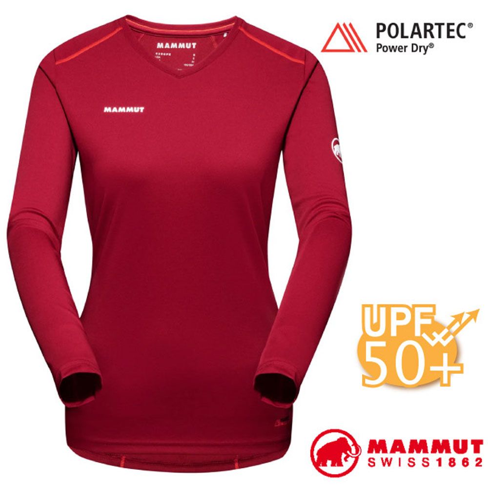 MAMMUT 長毛象 Sertig Longsleeve 女 長袖V領多功能排汗上衣(UPF50抗UV) 吸濕快乾/1016-00040-3718 緋紅/火熱紅