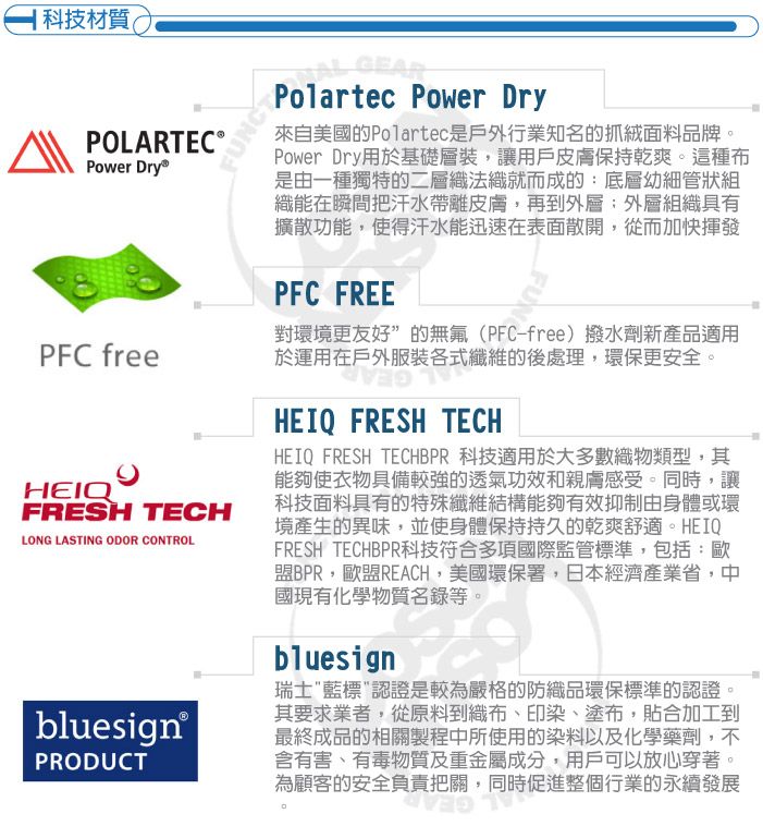 科技材質POLARTEC Power PFC freePolartec Power Dry來自美國的Polartec是戶外行業知名的抓絨面料品牌Power Dry用於基礎層裝,讓用戶皮膚保持乾爽這種布是由一種獨特的二層織法織就而成的底層幼細管狀組織能在瞬間把汗水帶離皮膚,再到外層:外層組織具有擴散功能,使得汗水能迅速在表面散開,從而加快揮發PFC FREEFUN對環境更友好”的無氟(PFC-free)撥水劑新產品適用於運用在戶外服裝各式纖維的後處理,環保更安全HEIQFRESH TECHLONG LASTING ODOR CONTROLHEIQ FRESH TECHHEIQ FRESH TECHBPR 科技適用於大多數織物類型,其能夠使衣物具備較強的透氣功效和親膚感受。同時,讓科技面料具有的特殊纖維結構能夠有效抑制由身體或環境產生的異味,並使身體保持持久的乾爽舒適。HEIQFRESH TECHBPR科技符合多項國際監管標準,包括:歐盟BPR,歐盟REACH,美國環保署,日本經濟產業省,中國現有化學物質名錄等。bluesignbluesign®PRODUCT瑞士藍標認證是較為嚴格的防織品環保標準的認證其要求業者,從原料到織布、印染、塗布,貼合加工到最終成品的相關製程中所使用的染料以及化學藥劑,不含有害、有毒物質及重金屬成分,用戶可以放心穿著,為顧客的安全負責把關,同時促進整個行業的永續發展。。。