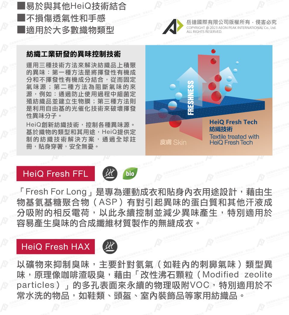 易於與其他HeiQ技術結合不損傷透氣性和手感岳達國際有限公司版權所有,侵害必究COPYRIGHT @ 2023 EON PEAK INTERNATIONAL Co, Ltd.ALL RIGHTS RESERVED.適用於大多數織物類型紡織工業研發的異味控制技術運用三種技術方法來解決紡織品上積聚的異味:第一種方法是將揮發性有機成分和不揮發性有機成分結合,從而固定氣味源;第二種方法為阻斷氣味的來源,例如:通過防止使用過程中細菌定紡織品並建立生物膜;第三種方法則是利用自由基的光催化技術來破壞揮發性異味分子。HeiQ創新紡織技術,控制各種異味源。基於織物的類型和其用途,HeiQ提供定制的紡織技術解決方案,通過全球註冊,貼身穿著,安全無憂。FRESHNESSHeiQ Fresh Tech紡織技術Textile treated with皮膚 SkinHeiQ Fresh TechAHeiQ Fresh FFLbio「 Fresh For Long」是專為運動成衣和貼身內衣用途設計,藉由生物基氨基糖聚合物(ASP)有對引起異味的蛋白質和其他汗液成分吸附的相反電荷,以此永續控制並減少異味產生,特別適用於容易產生臭味的合成纖維材質製作的無縫成衣。HeiQ Fresh HAX以礦物來抑制臭味,主要針對氨氣(如鞋內的刺鼻氣味)類型異味,原理像咖啡渣吸臭,藉由「改性沸石顆粒(Modified zeolite particles)」的多孔表面來永續的物理吸附VOC,特別適用於不常水洗的物品,如鞋類、頭盔、室內裝飾品等家用紡織品。
