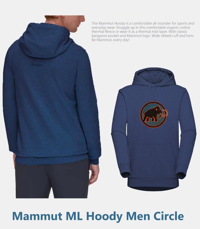 The Mammut Hoody is a comfortable all-rounder for sports andeveryday wear Snuggle up in this comfortable organic cottonthermal fleece or wear it as a thermal mid-layer With classickangaroo pocket and Mammut logo Wide ribbed cuff and hem.Be Mammut every day!Mammut ML Hoody Men Circle