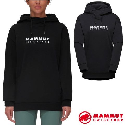 MAMMUT 長毛象 女 Logo 輕量有機棉透氣保暖連帽長袖T恤.休閒運動衫/1014-04401-0001 黑