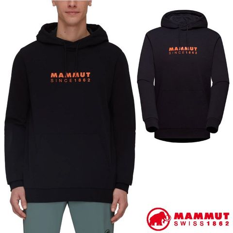 MAMMUT 長毛象 男 Logo 輕量有機棉透氣保暖連帽長袖T恤.休閒運動衫/1014-04671-0052 黑/復刻橘