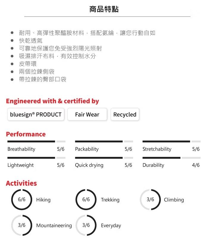商品特點耐用、高彈性聚醯胺材料,搭配氨綸,讓您行動自如快乾透氣 可靠地保護您免受強烈陽光照射 吸濕排汗布料,有效控制水分 皮環 兩個拉鍊側袋 帶拉鍊的臀部口袋Engineered with & certified bybluesign® PRODUCTFair WearRecycledPerformanceBreathability5/6Packability5/6 Stretchability5/6Lightweight5/6Quick drying5/6Durability4/6Activities6/6Hiking6/6 Trekking3/6Climbing3/6Mountaineering 3/6 Everyday