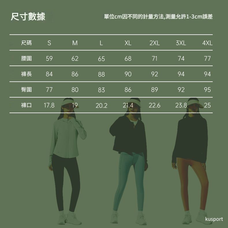 尺寸數據單位cm因不同的計量方法,測量允許1-3cm誤差尺碼SMLXL2XL3XL4XL腰圍59626568717477褲長 84868890929494臀圍 77808386899295褲口 17.81920.221.422.623.825kusport