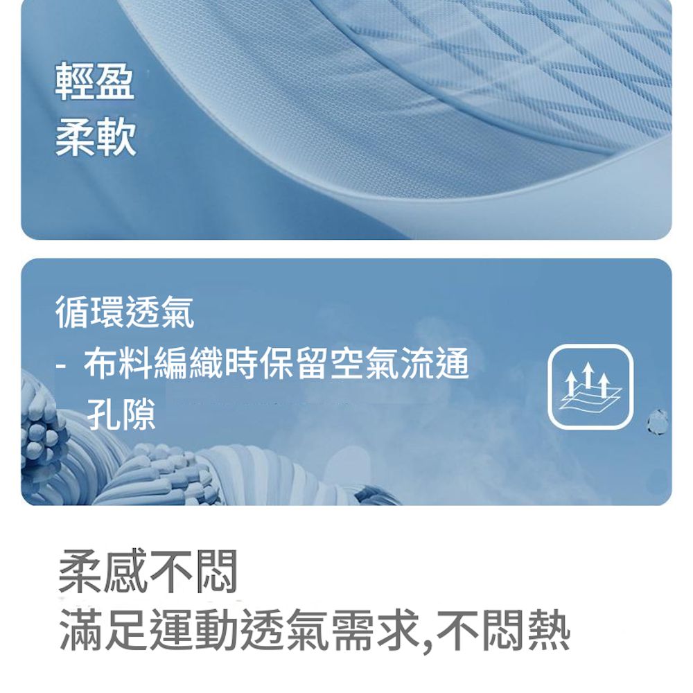 輕盈柔軟循環透氣布料編織時保留空氣流通孔隙柔感不滿足運動透氣需求,不悶熱