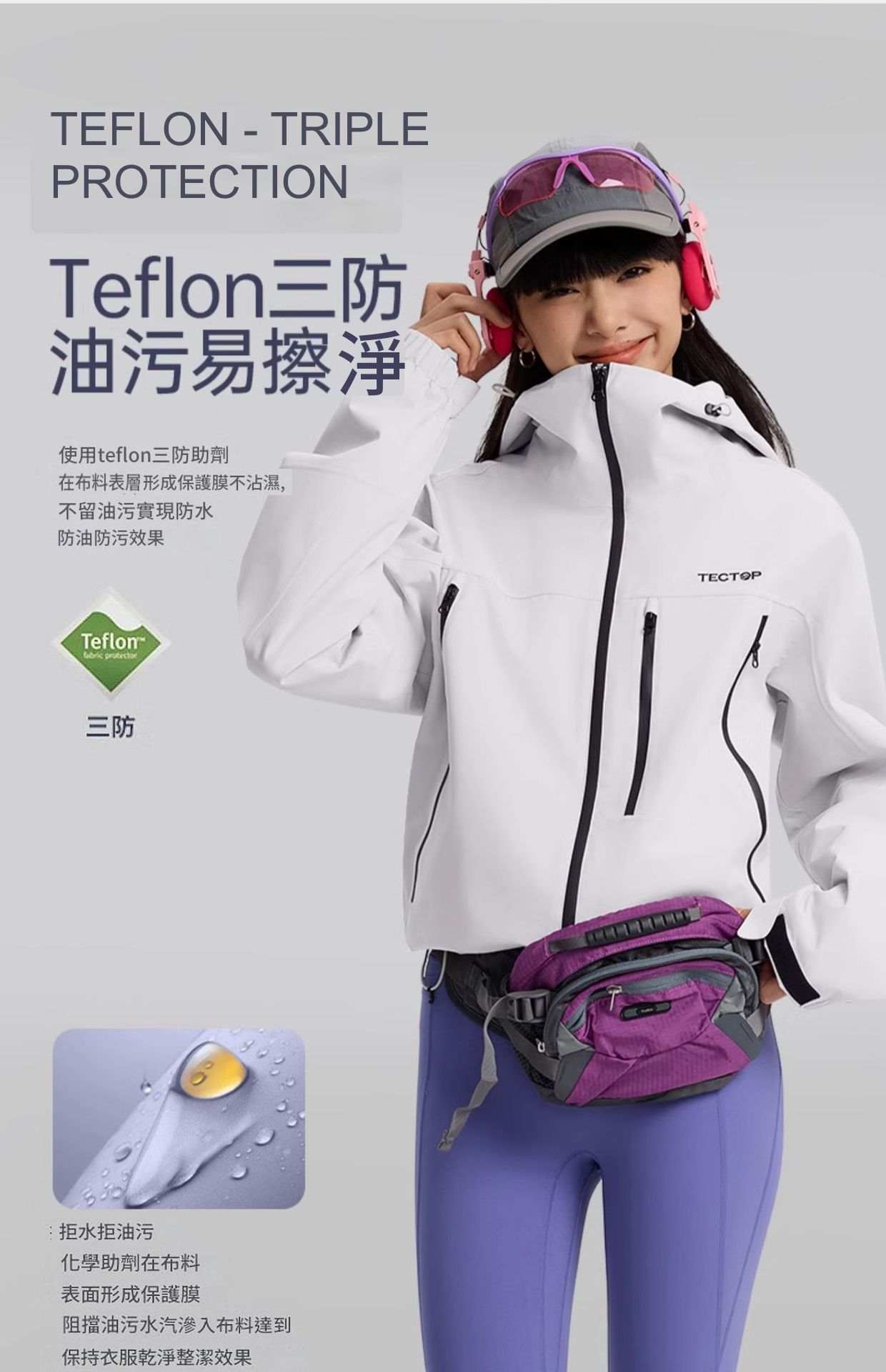 TEFLON - TRIPLEPROTECTIONTeflon三防油污易擦淨使用teflon三防助劑在布料表層形成保護膜不沾濕,不留油污實現防水防油防污效果Teflon 三防拒水拒油污化學助劑在布料表面形成保護膜阻擋油污水汽布料達到保持衣服乾淨整潔效果TECTOP