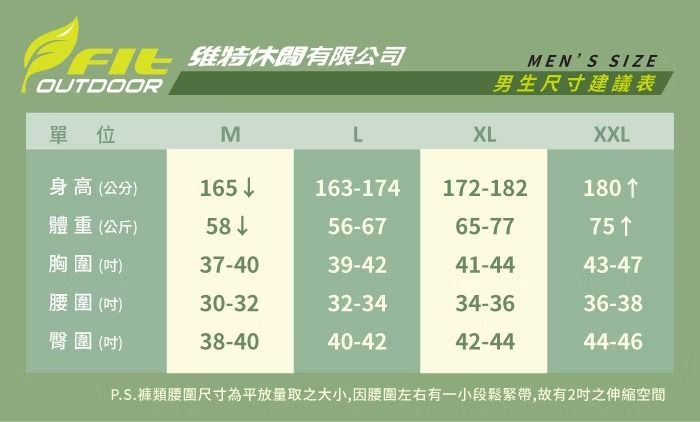 维特休閒有限公司OUTDOORMENS SIZE男生尺寸建議表單位MLXLXXL身高(公分)165163-174172-182180 體重(公斤)5856-6765-7775 胸圍()37-4039-4241-4443-47腰圍()30-3232-3434-3636-38臀圍()38-4040-4242-4444-46P.S.褲類腰圍尺寸為平放量取之大小,因腰圍左右有一小段鬆緊帶,故有2吋之伸縮空間