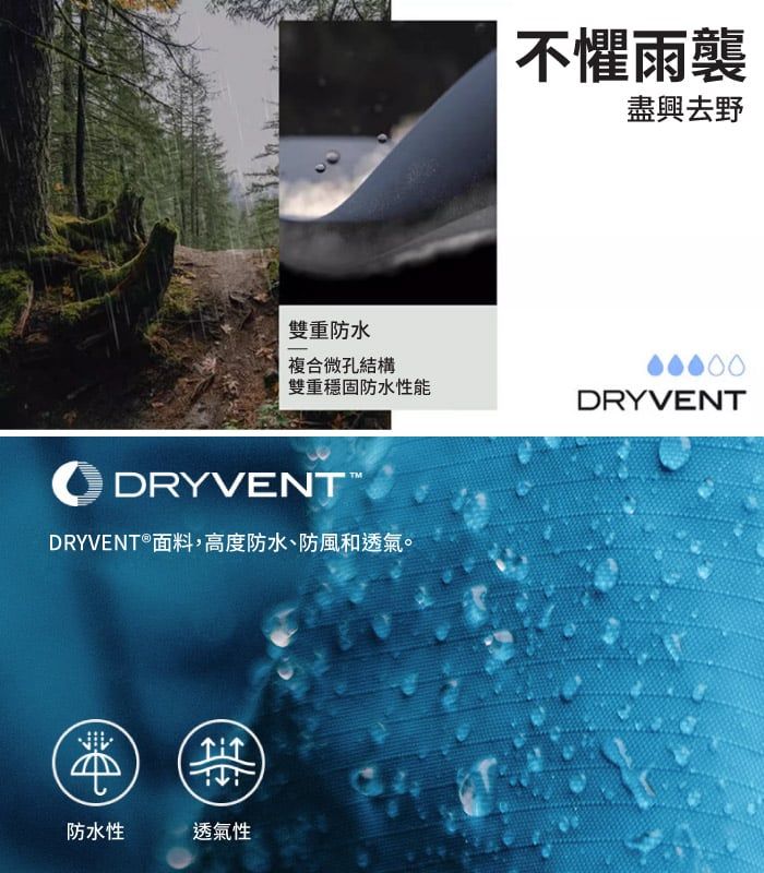 雙重防水複合微孔結構不懼雨襲盡興去野雙重穩固防水性能DRYVENT DRYVENTDRYVENT®面料,高度防水、防風和透氣。防水性透氣性