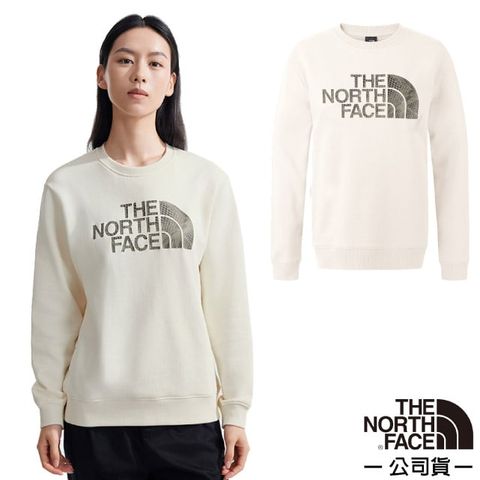 The North Face 北面 女 吸濕透氣純棉長袖圓領T恤.休閒套頭衫.運動上衣/大尺寸品牌標識/8ASU-QLI 沙丘白