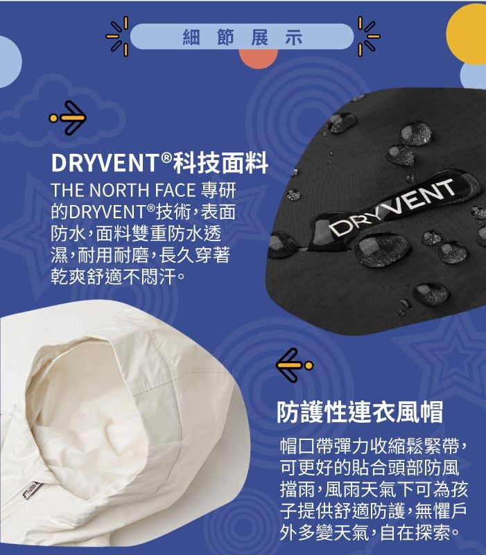 細節展示DRYVENT®科技面料THE NORTH FACE 專研DRYVENT®技術,表面防水,面料雙重防水透濕,耐用耐磨,長久穿著乾爽舒適不汗。DRYVENT防護性連衣風帽帽帶彈力收縮鬆緊帶,可更好的貼合頭部防風擋雨,風雨天氣下可為孩子提供舒適防護,無懼戶外多變天氣,自在探索。