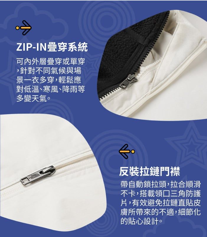 ZIP-IN疊穿系統可內外層疊穿或單穿,針對不同氣候與場景一衣多穿,輕鬆應對低溫、寒風、降雨等多變天氣。反裝拉鏈門襟帶自動鎖拉頭,拉合順滑不卡,搭載領口三角防護片,有效避免拉鏈直貼皮膚所帶來的不適,細節化的貼心設計。