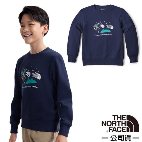 The North Face 北面 童 LOGOWEAR 機能性保暖透氣純棉休閒衫.長袖T恤.休閒運動套頭衫/柔軟親膚/89XU-8K2 北面巔峰藍