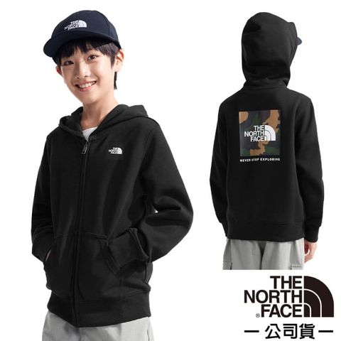 The North Face 北面 童 CAMO BOX 機能性保暖透氣連帽外套.夾克.帽T/棉質混紡.居家戶外/89XW-JK3 黑色