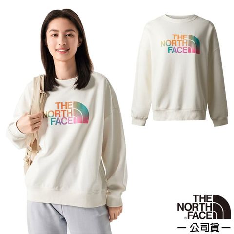 The North Face 北面 女 彩虹品牌LOGO休閒大學T.長袖圓領T恤.休閒套頭衫.運動上衣/大尺寸品牌標識/86QD-N3N 米白色