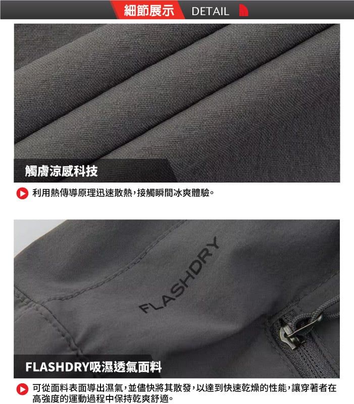 細節展示 DETAIL觸涼感科技 利用熱傳導原理迅速散熱,接觸瞬間冰爽體驗。ASHDRYFLASHDRY吸濕透氣面料 可從面料表面導出濕氣,並儘快將其散發,以達到快速乾燥的性能,讓穿著者在高強度的運動過程中保持乾爽舒適。
