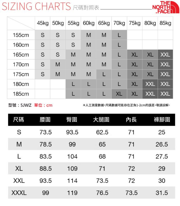 IZING CHARTS NORTH.FACE45kg 50kg 55kg 60kg 65kg 70kg 75kg 80kg 85kg155cm160cm165cm170cm175cm180cm185cmSSSSSSSSSSSMMM  MLMMM MLLXLXL XXLMMLXLXLXXLMLLXLXL XXLLLLLXL XXL XXLLLLXLXLXXL XXL型號:5JWZ 單位:cm*人工測量數據,尺碼數據可能存在正負1-2cm的誤差,敬請諒解。尺碼腰圍臀圍大腿圍內長褲腳圍S73.593.562.571Σ78.59965L83.51046871XL88.510971257126.527.57229XXL93.511473.57230XXXL9911976.573.531.5