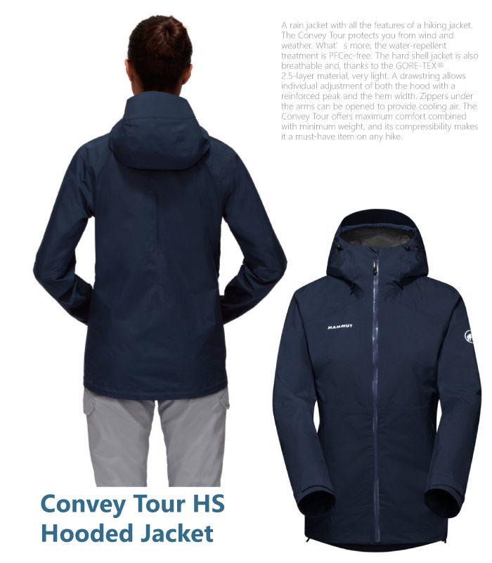 Convey Tour HSHooded JacketA rain jacket with all the features of a hiking jacketThe Convey Tour protects you from wind andweather  more the water-repellenttreatment is PFCec-free The hard shell jacket is alsobreathable and, thanks to the GORE-TEX®25-layer material, very light A drawstring allowsindividual adjustment of both the hood with areinforced peak and the hem width Zippers underthe arms can be opened to provide cooling air. TheConvey Tour offers maximum comfort combinedwith minimum weight, and its compressibility makesit a must-have item on any hike.