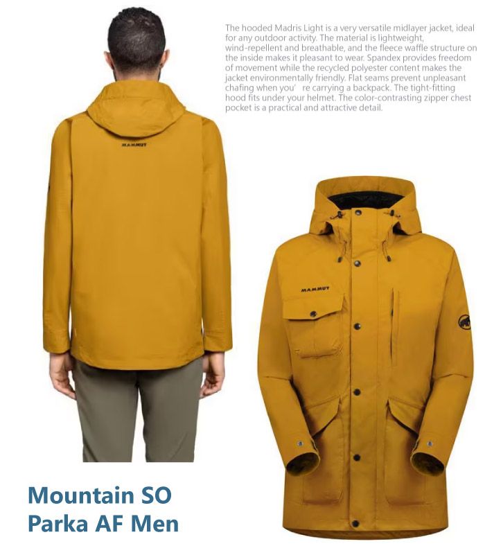 Mountain Parka AF MenThe hooded Madris Light is a very versatile midlayer jacket idealfor any outdoor activity The material is lightweightwind-repellent and breathable, and the fleece waffle structure onthe inside makes it pleasant to wear Spandex provides freedomof movement while the recycled polyester content makes thejacket environmentally friendly Flat seams prevent unpleasantchafing when you re carrying a backpack. The tight-fittinghood fits under your helmet. The color-contrasting zipper chestpocket is a practical and attractive detail.MAMMUT