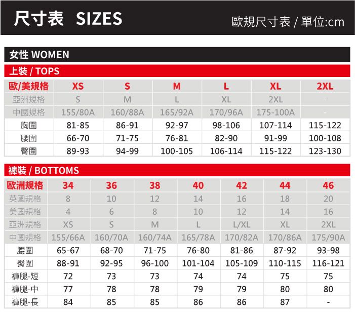 尺寸表 IZE歐規尺寸表/單位:cm女性 WOMEN / TOP歐/美規格SMLXL2XL亞洲規格SMLXL2XL中國規格 155/80A160/88A165/92A170/96A 175100A胸圍81-8586-9192-9798-106107-114115-122腰圍66-7071-7576-8182-9091-99100-108臀圍89-9394-99100-105106-114115-122123-130褲裝 / BOTTOMS歐洲規格 34363840424446英國規格8101214161820美國規格46810121416亞洲規格XSSMLL/XLXL2XL155/66A 160/70A 160/74A 165/78A腰圍65-6768-7071-75臀圍88-9192-9596-100170/82A 170/86A 175/90A76-80 81-86 87-92 93-98101-104 105-109 110-115 116-121褲腿-短72737374747575褲腿-中77787879798080褲腿-長848585868687