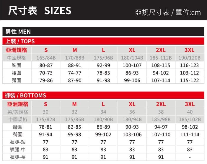 尺寸表 IZE亞規尺寸表/單位:cm男性 MEN上裝 / TOPS亞洲規格SMXL2XL3XL中國規格 165/84B 170/88B175/96B180/104B 185112B 190/120B胸圍80-8788-9192-99100-107108-115 116-123腰圍70-7374-7778-8586-9394-102103-112臀圍79-8687-9091-9899-106107-114115-122褲裝 / BOTTOMS亞洲規格SMLXL2XL3XL英/美規格303234363840中國規格 175/82B175/86B180/90B180/94B185/98B185/102B腰圍78-8182-8586-8990-9394-9798-102臀圍91-9495-9899-102103-106107-110111-114褲腿-短777777777777褲腿-中838383838383褲腿-長9191919191